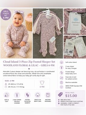 cloud island Lilac Woodland Floral 3-Piece Zip Footed Sleeper Set
